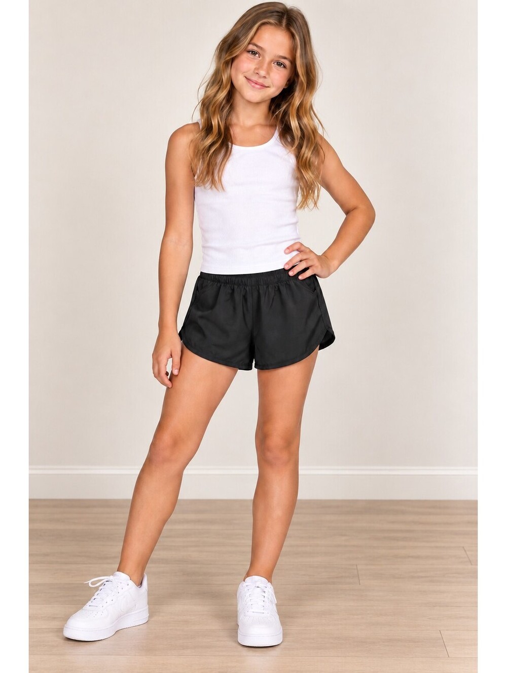 Tek Gear Girls L 10/12 Black High Rise Running Shorts Pockets Athletic